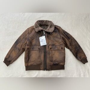 Men’s Faux Leather Jacket with Fur Collar Pockets Full Zipper Brown Size L